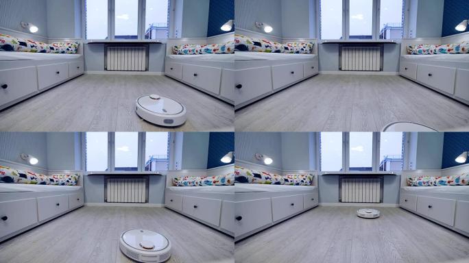 机器人真空吸尘器沿着儿童卧室的木板移动。