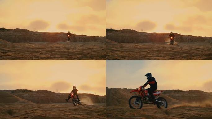 专业摩托车越野赛摩托车骑手驾驶越过沙丘和更远的越野轨道。这是《日落》，赛道上布满了烟雾。