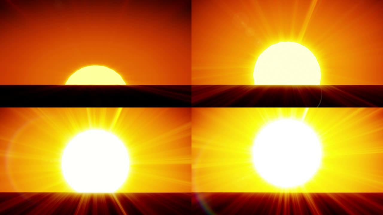 美丽的太阳从地平线上升起。日出的3d动画。高清1080。