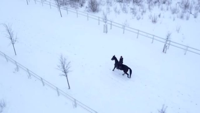 空中: 年轻的女骑手在冬季仙境骑马