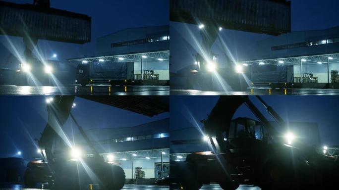 晚上，在工业仓库附近的工作区里，堆垛机驾驶装载的集装箱。