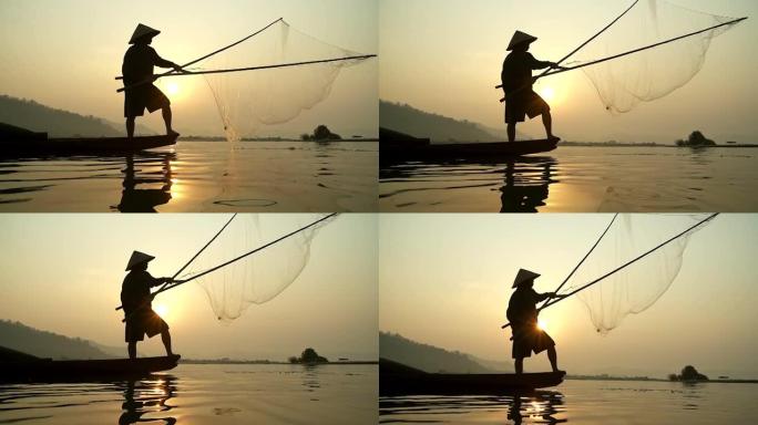高清慢动作: 早晨日出工作的渔夫的当地生活方式。