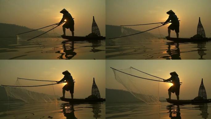高清慢动作: 早晨日出工作的渔夫的当地生活方式。
