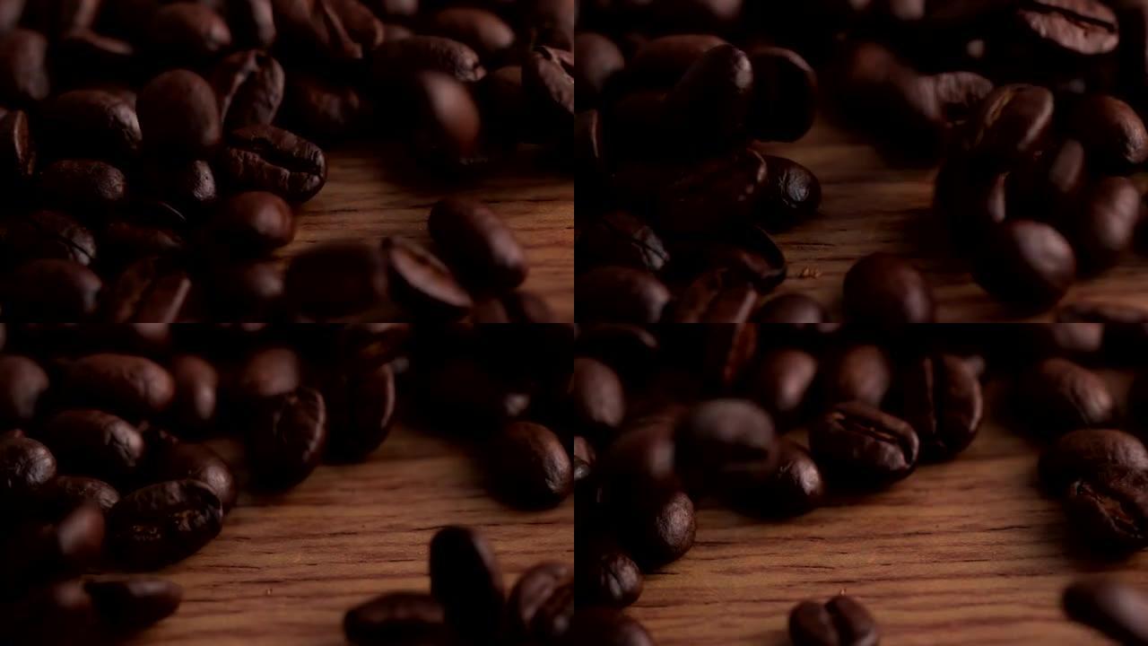 咖啡豆倒在木质表面上