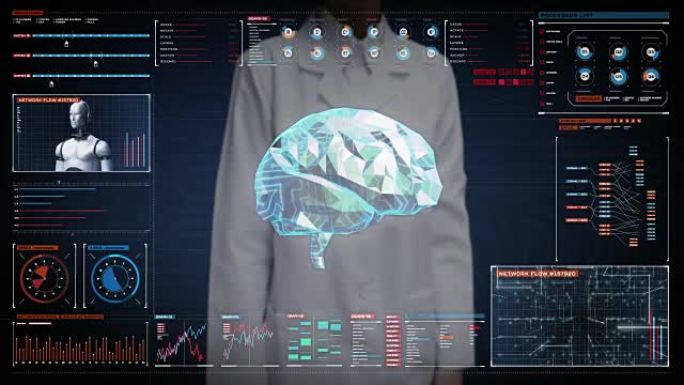 女医生触摸数字屏幕，大脑连接数字显示仪表板中的数字线，扩展人工智能