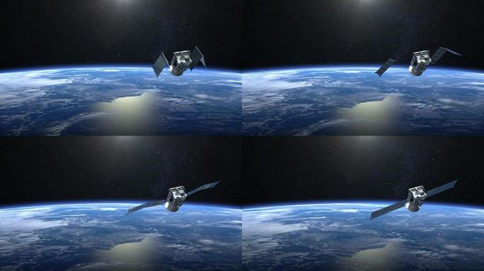 卫星扫描并监视地球。卫星打开太阳能电池板。地球缓慢旋转。4K。