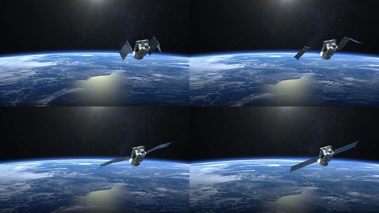 卫星扫描并监视地球。卫星打开太阳能电池板。地球缓慢旋转。4K。