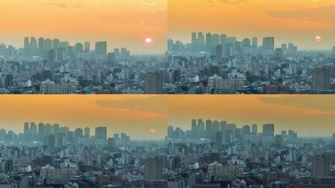 延时: 新宿东京市容日落的鸟瞰图