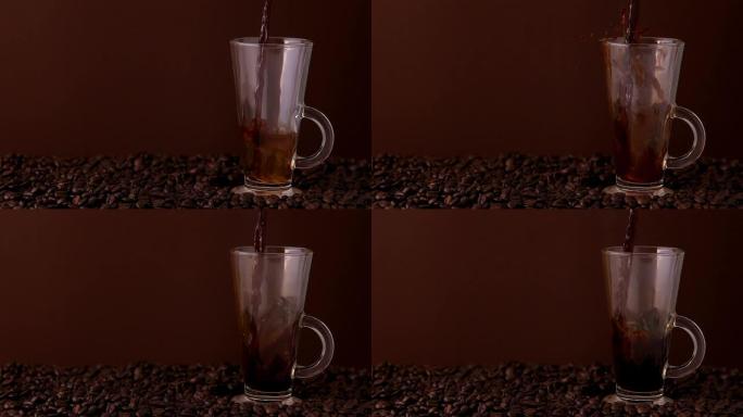 热咖啡倒入玻璃杯中