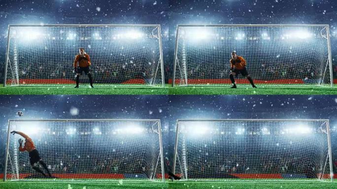 足球守门员在专业足球场上跳跃并接球。体育场和人群以3D和动画制作