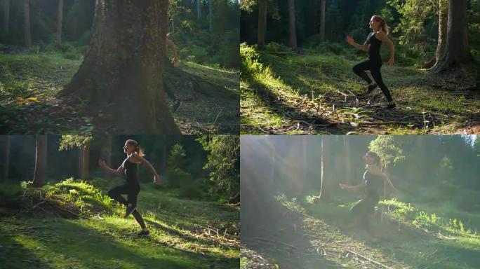 女运动员在树林里跑步