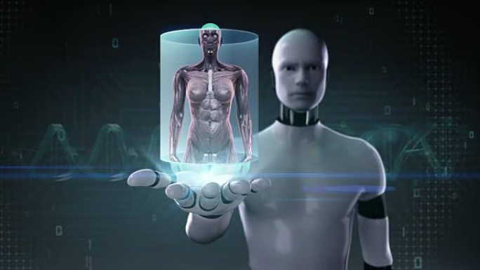 机器人打开手掌，放大女性身体并扫描人体肌肉。