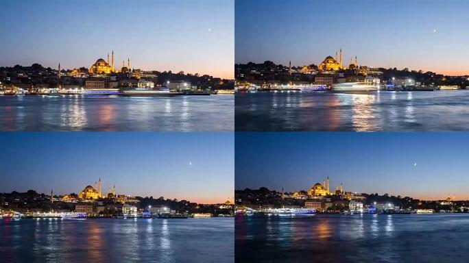 缩小伊斯坦布尔城市景观的延时视图，苏莱曼清真寺和游船在夜间漂浮在博斯普鲁斯海峡