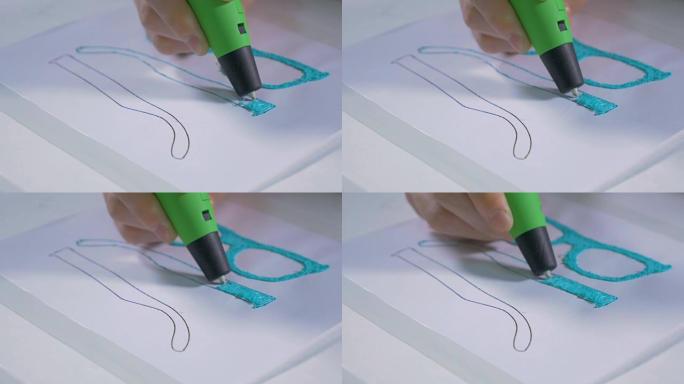 4K.使用现代设备3D笔用塑料墨水制作产品。特写。