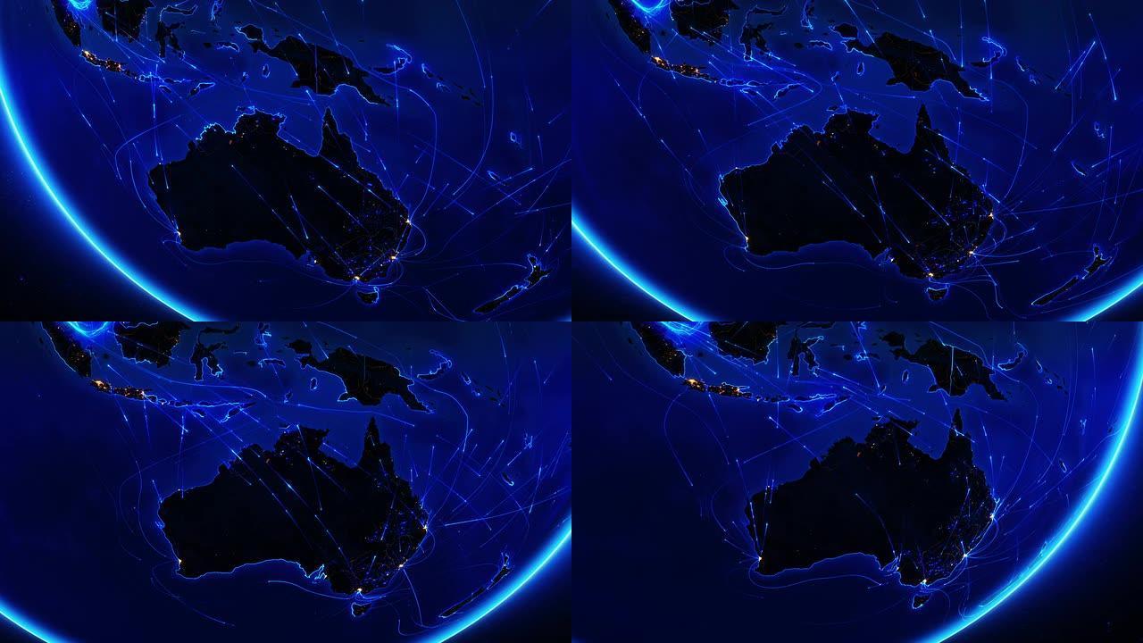 地球连接。大洋洲。空中、海上、地面路线和国家边界。