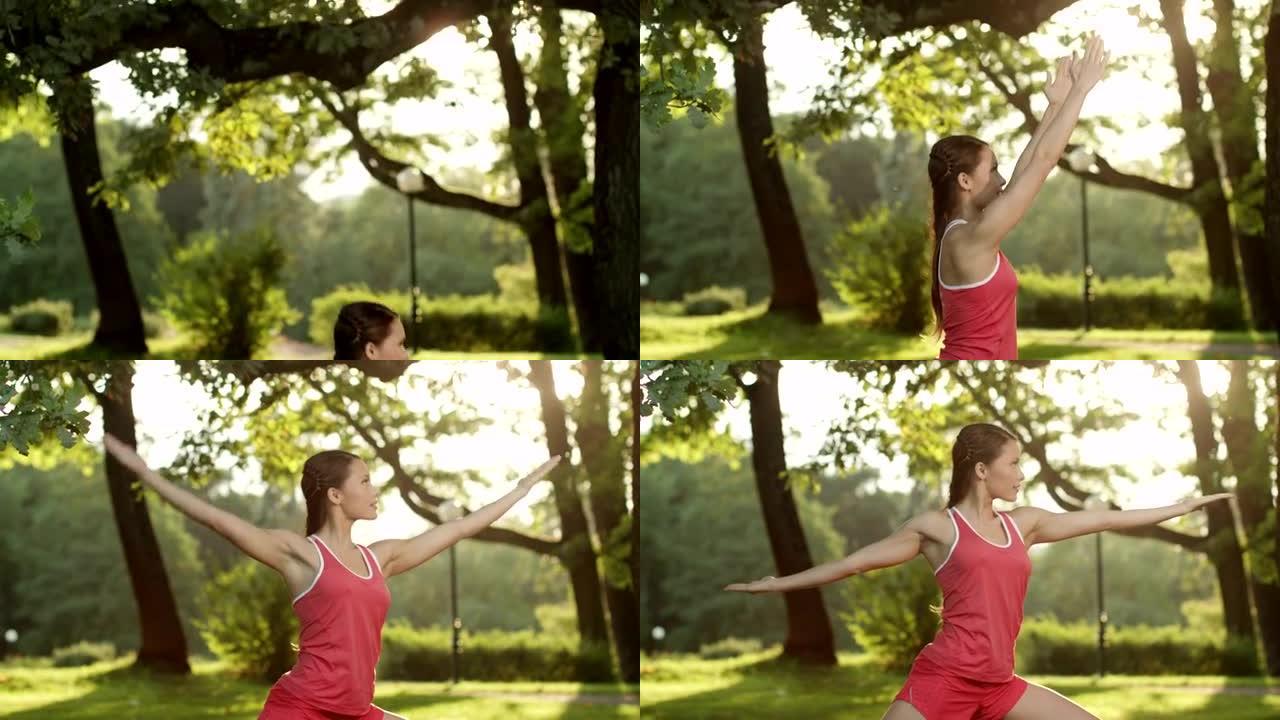 漂亮女孩正在公园做瑜伽。悬臂射击。