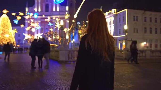 晚上在斯洛文尼亚卢布尔雅那探索圣诞节的游客