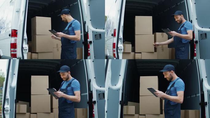 微笑的送货员用平板电脑检查他的货物计数。