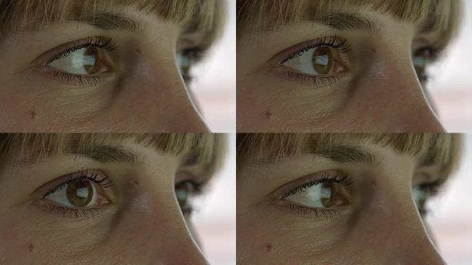 宏观: 棕色女性眼睛的细节看着屏幕并反射图形