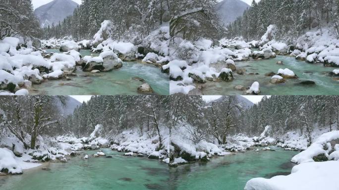 空中: 下雪的冬天美丽的绿松石河