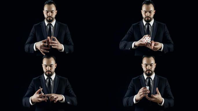 穿着黑色西装的专业魔术师表演手牌技巧。背景是黑色的。