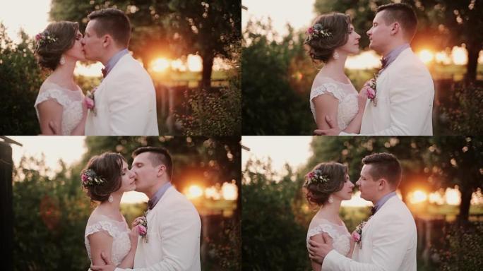 幸福的恋人在婚礼当天日落时亲吻。大自然中情人的美丽景色，日落光线