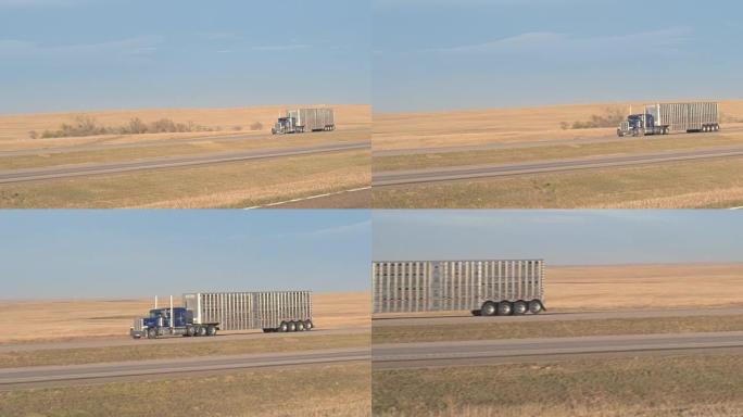 封闭货运牲畜集装箱半卡车在道路上运输动物