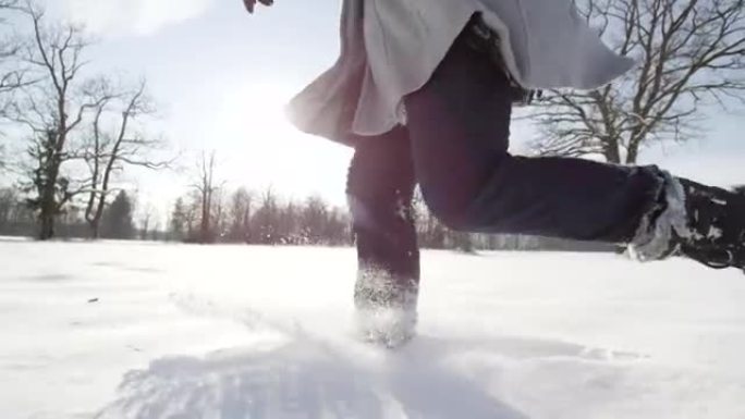 慢动作特写: 在雪地里奔跑