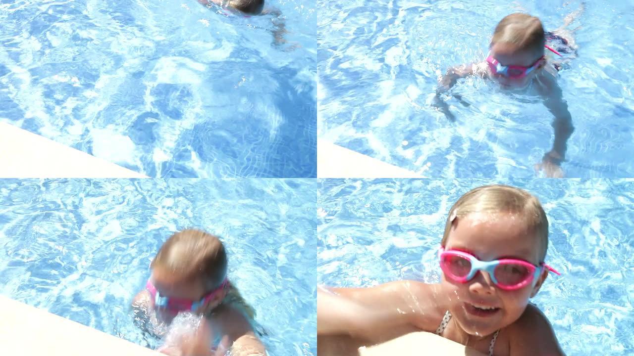 游泳池里戴着护目镜和挥手的女孩的景色