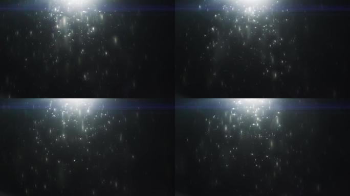散焦的散景粒子在黑色背景上的光线中混乱地飞行。变形的真实镜头光斑，易于在混合/叠加模式下使用。