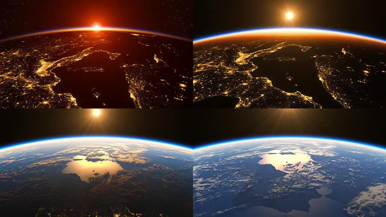 4K.太空日出。地球欧洲区的惊人夜景。