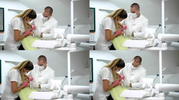 牙医团队检查患者的牙齿