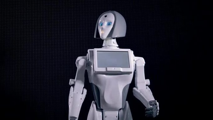 一个白色机器人打手势说话的快速动作。