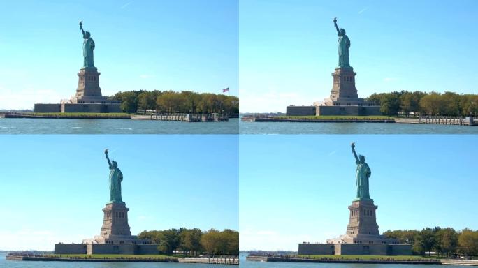 近距离观察:阳光灿烂的纽约，自由岛上的自由女神像