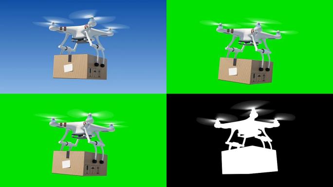 四轴飞行器在蓝天下运送包裹。带有绿色屏幕和Alpha蒙版的循环3d动画。现代交付概念。