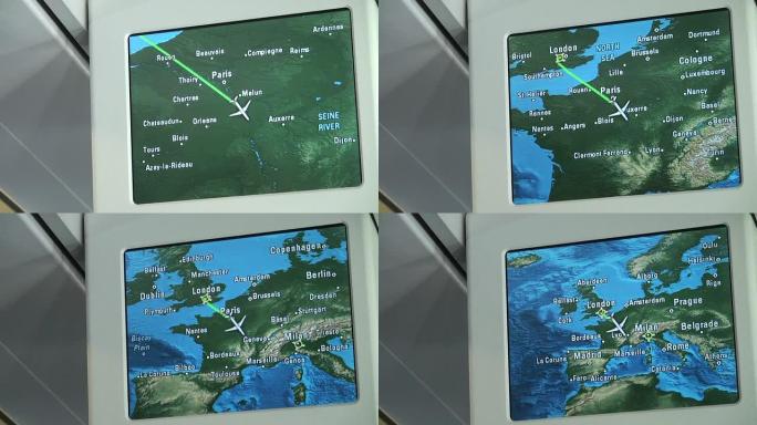飞机显示器显示伦敦-米兰旅行的不同地图视图