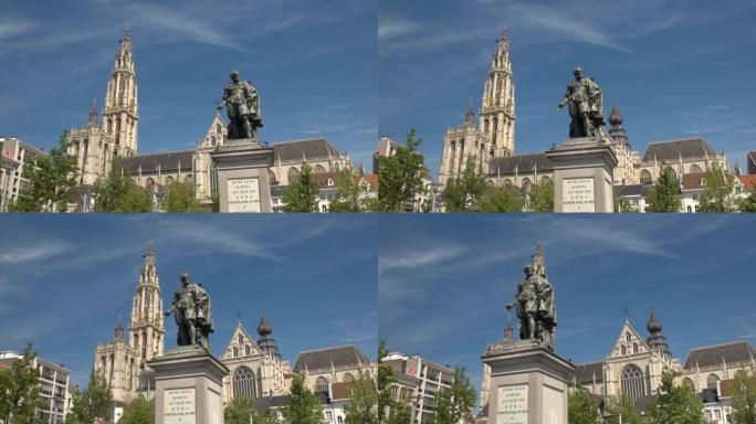 特写: 安特卫普绿色广场上美丽的佩特罗·保罗·鲁本斯雕像