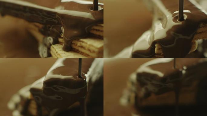液体巧克力覆盖了一堆脆皮华夫饼