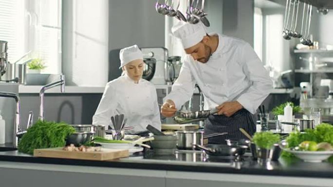 著名厨师和他的女学徒在一家现代五星级餐厅的厨房里准备特殊的菜肴。