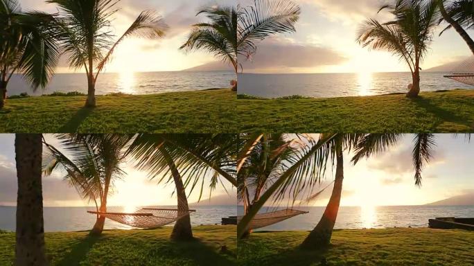 日落时的吊床和棕榈树。后院海滨房地产。毛伊岛