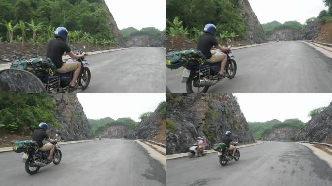 FPV: 摩托车手带着装满的背包超速行驶