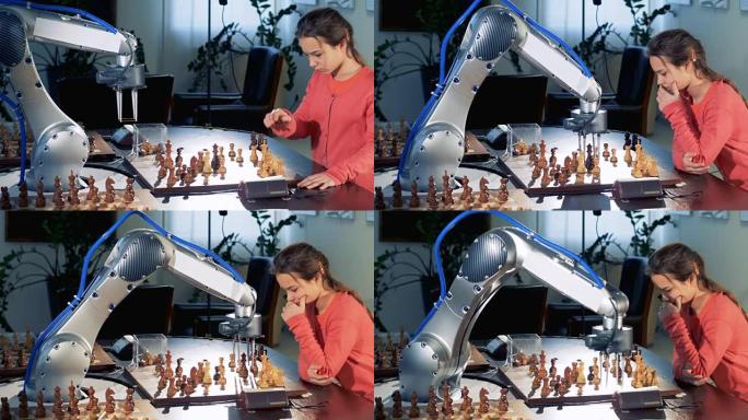 年轻女孩用现代自动象棋机器人移动象棋人物。4K。