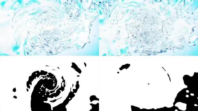 美丽的水在白色背景上的管子中旋转蓝色。孤立的透明涡旋3d动画与阿尔法哑光。
