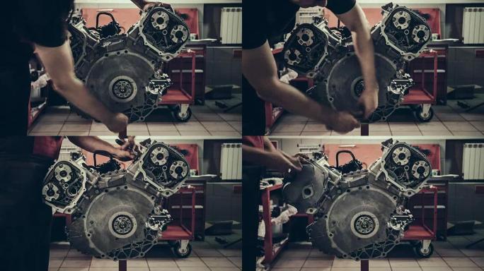 汽车修理厂的专业机械师修理V10发动机