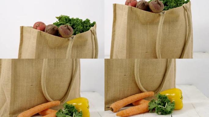 桌子4k上的新鲜蔬菜和食品袋