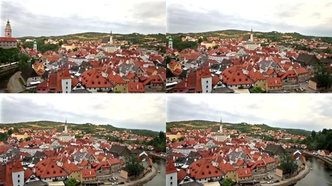 平移镜头: 捷克共和国黄昏时的空中捷克克鲁姆洛夫老城