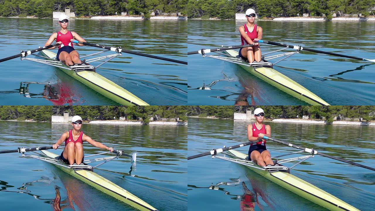高清：年轻女子赛艇的超级慢镜头