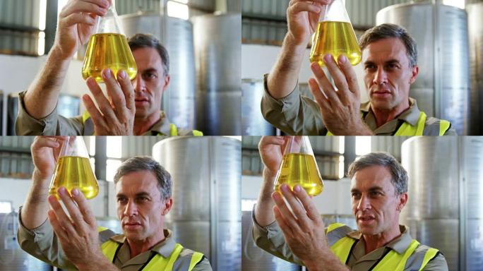 工人检查橄榄油