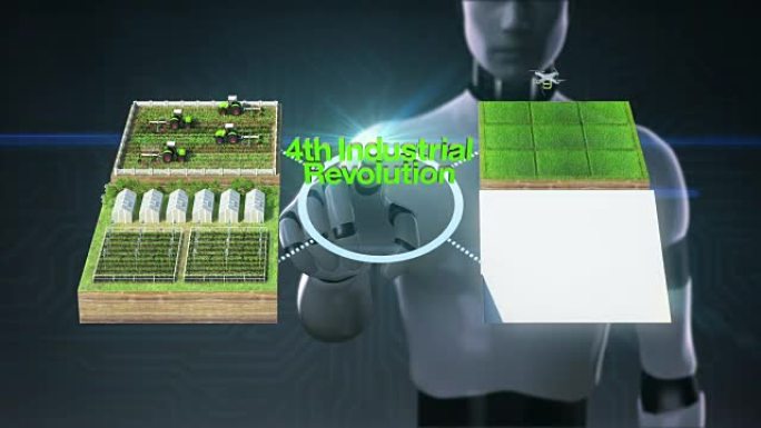 机器人，半机械人触摸 “第四次工业革命” 技术，智能农场，传感器连接乙烯基房屋，温室。连接物联网2。