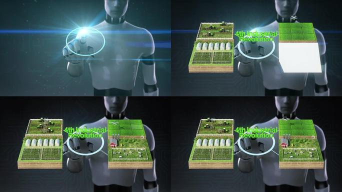 机器人，半机械人触摸 “第四次工业革命” 技术，智能农场，传感器连接乙烯基房屋，温室。连接物联网2。